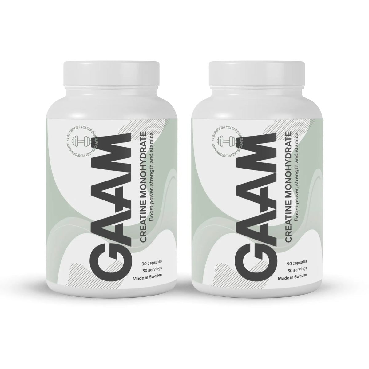 2 x GAAM Creatine Monohydrate 90 caps valkoisissa purkeissa, joissa on harmaita ja vihreitä yksityiskohtia., kuva 1/1