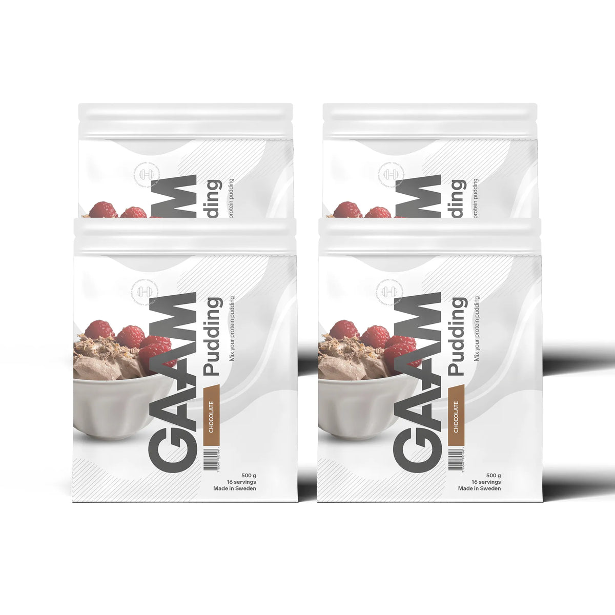4 x GAAM Pudding 500 g valkoisissa pusseissa, joissa on kuva kermaisesta suklaavanukkaasta ja vadelmista, makuna suklaa.