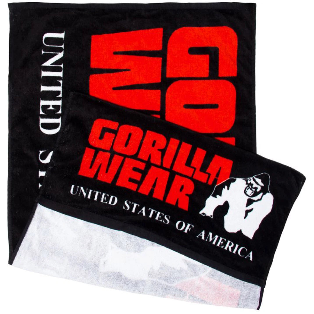 Musta puuvillafroteinen Gorilla Wear Functional Gym Towel Black &amp; Red -kuntosalipyyhe punaisella painatuksella., kuva 1/1