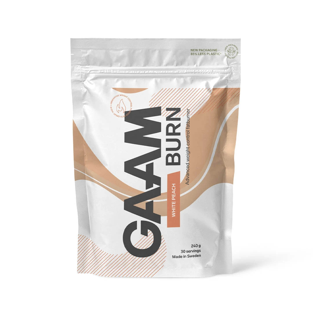 GAAM Burn 240 g -rasvanpolttaja valkoisessa pussissa persikanvärisillä kuvioilla, makuna White Peach., kuva 2/7