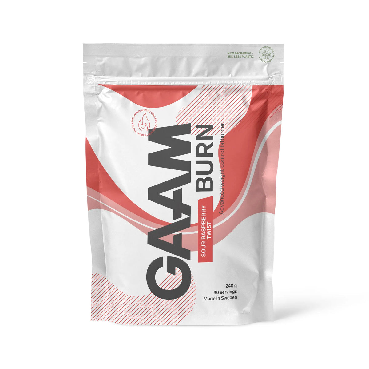 GAAM Burn 240 g -jauhe valkoisessa pussissa punaisilla yksityiskohdilla, makuna Sour Raspberry Twist., kuva 3/7