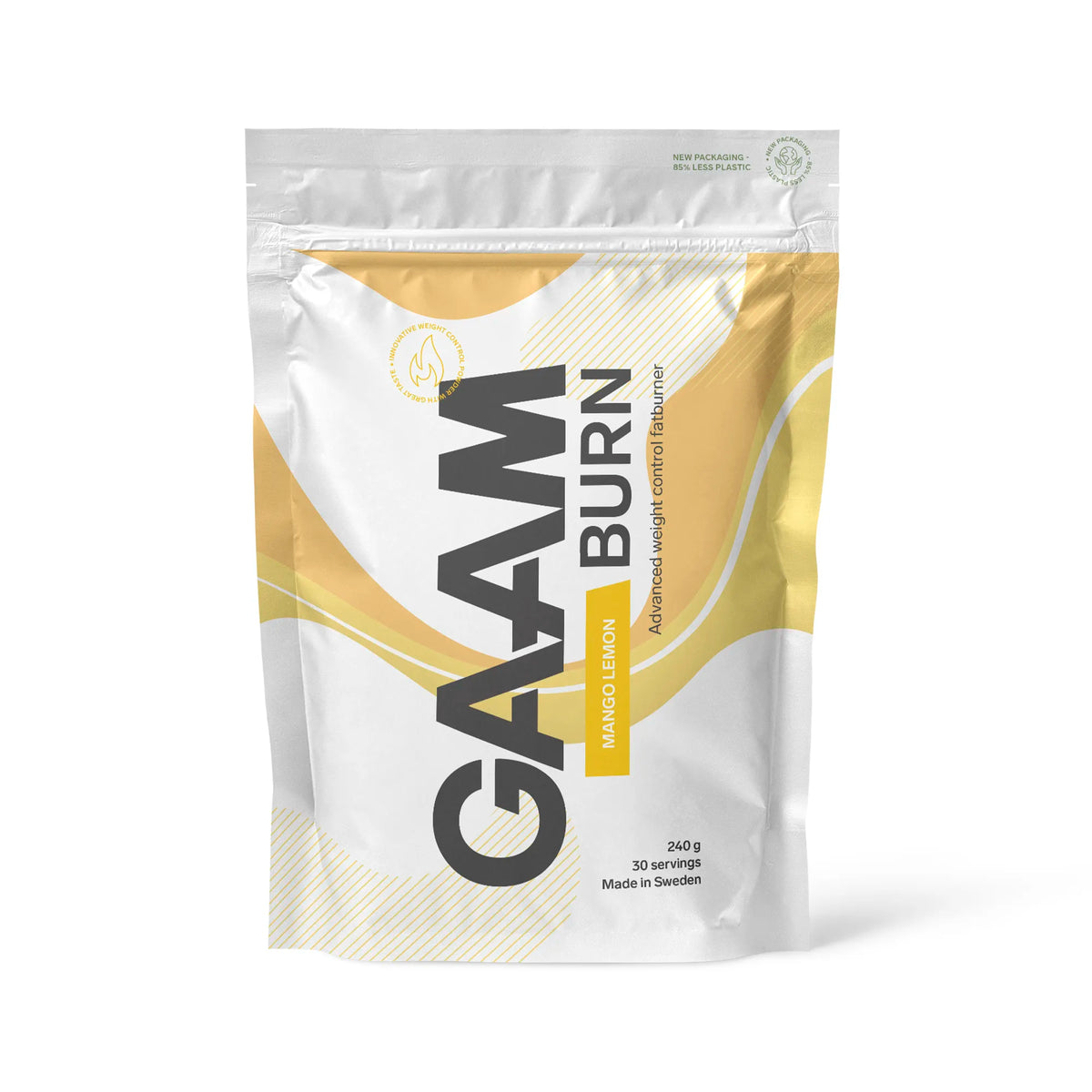 GAAM Burn 240 g -jauhe valkoisessa pussissa keltaisilla yksityiskohdilla, makuna Mango Lemon., kuva 7/7