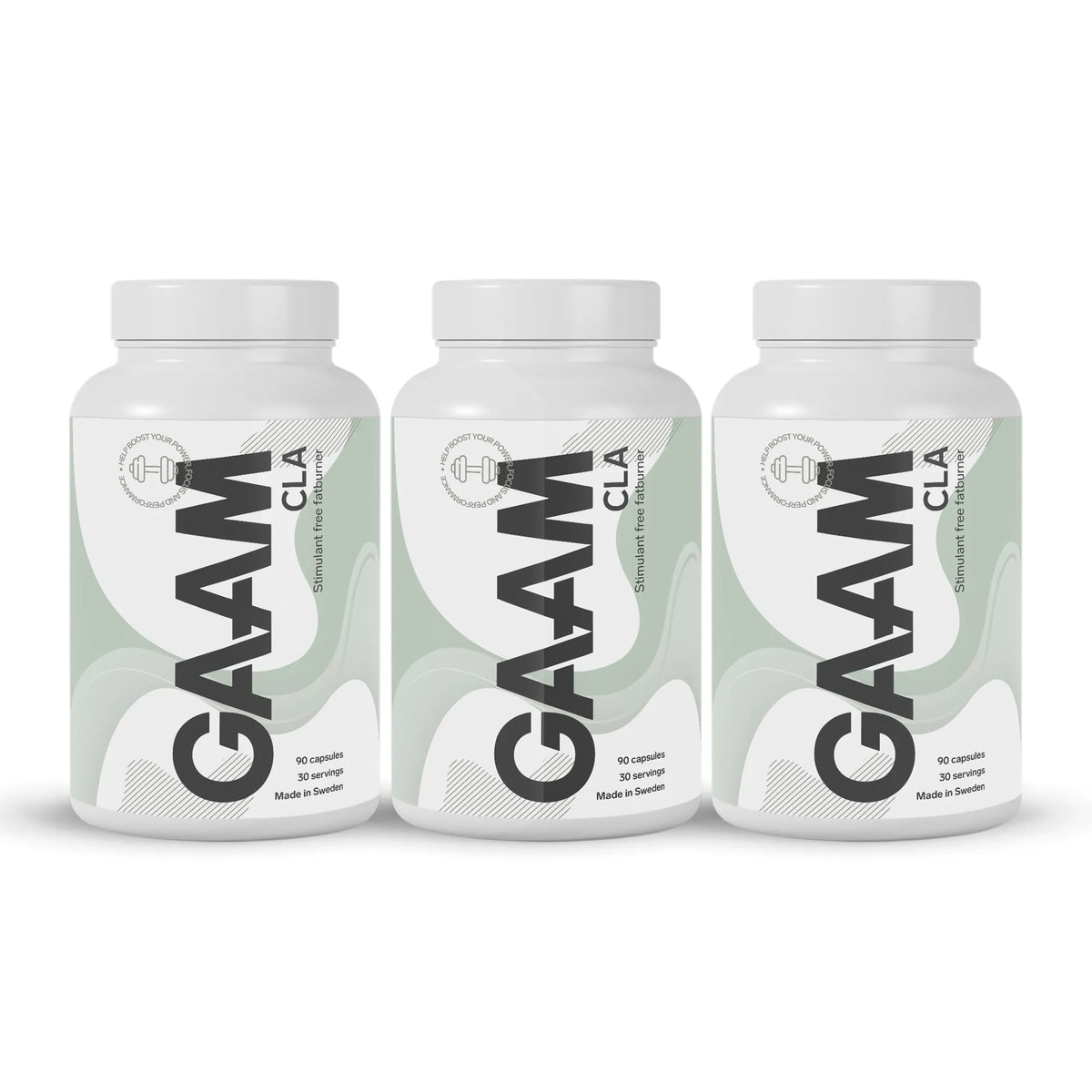 3 x GAAM CLA 90 caps kolmessa valkoisessa purkissa vihreä-valkoisella etiketillä., kuva 1/1
