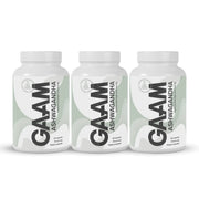 3 x GAAM Ashwagandha 60 caps -suurpakkaus, jossa on kolme valkoista purkkia vaaleanvihreillä yksityiskohdilla.