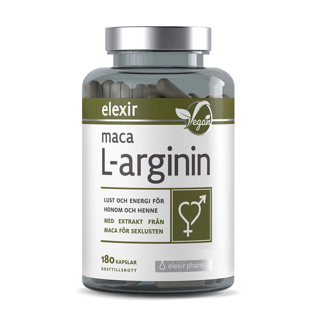 Elexir Pharma Maca L-arginin 180 caps läpinäkyvässä muovipurkissa, jossa on hopeanvärinen kansi ja valkoinen etiketti vihreillä yksityiskohdilla., kuva 1/1