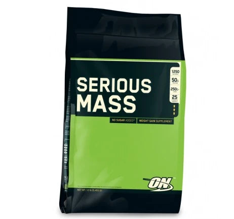 Optimum Nutrition Serious Mass 5.44 kg -gaineri mustavihreässä pussissa selkeällä logolla ja tuotenimellä., kuva 1/1