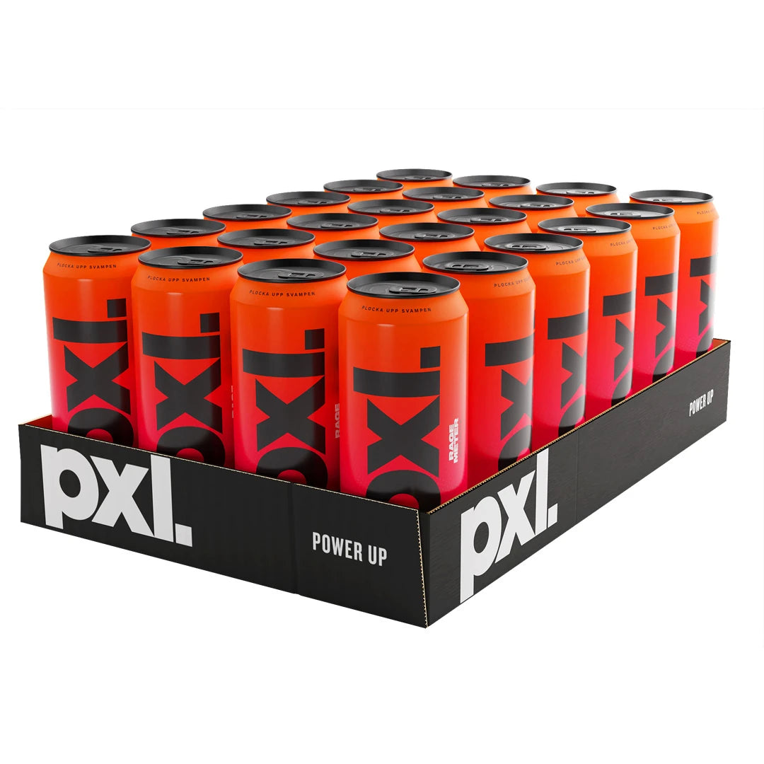 24 x PXL Energy 500 ml Rage Meter -energiajuoma mustassa lavassa, jossa on oranssit ja vaaleanpunaiset tölkit.