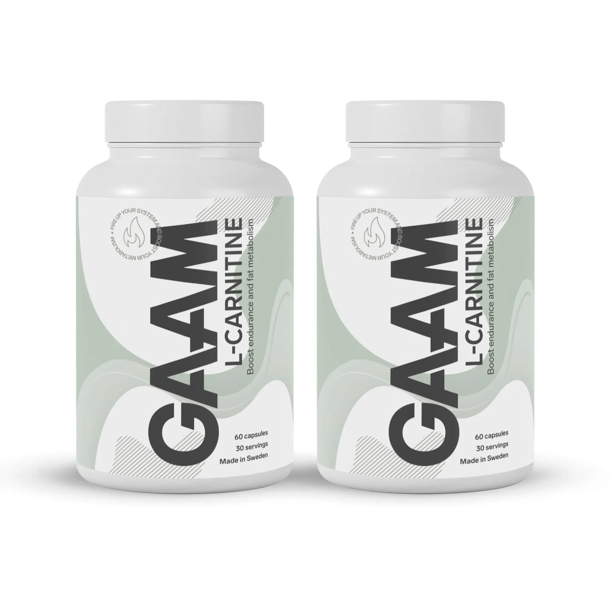 2 x GAAM L-Carnitine 60 caps -ravintolisä kahdessa valkoisessa purkissa, joissa on harmaita ja vihreitä yksityiskohtia.