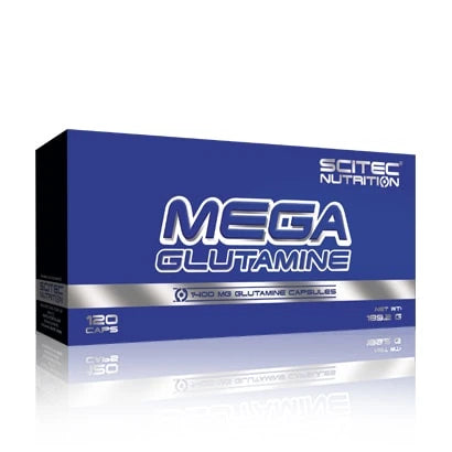 Scitec Nutrition Mega Glutamine 120 caps -aminohappolisä sinisessä kartongissa hopeisilla yksityiskohdilla., kuva 1/1
