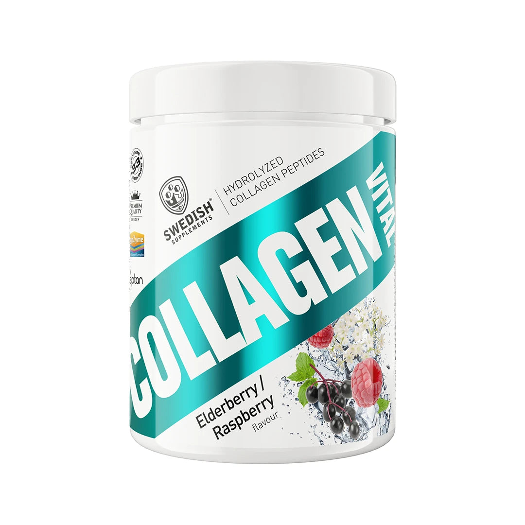 Swedish Supplements Collagen Vital 400 g -kollageenijauhe valkoisessa purkissa, makuna Elderberry Raspberry., kuva 1/1