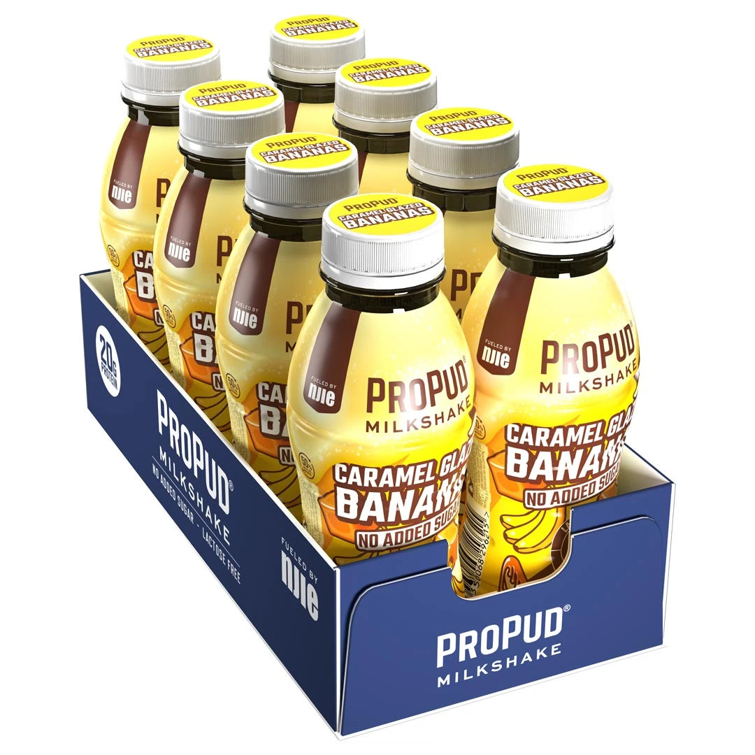8 x NJIE ProPud Protein Milkshake 330 ml Caramel Glazed Bananas tummansinisessä laatikossa, jossa on keltaisia pulloja., kuva 1/1