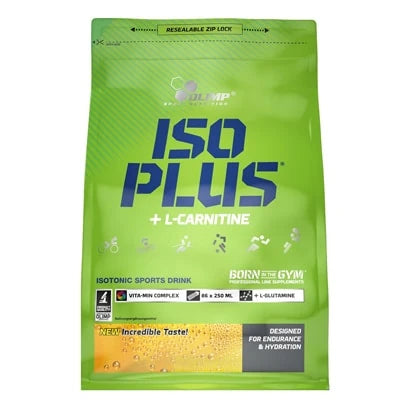 Olimp Iso Plus 1.5 kg -isotoninen urheilujuomajauhe vaaleanvihreässä pussissa sinisillä yksityiskohdilla., kuva 2/3