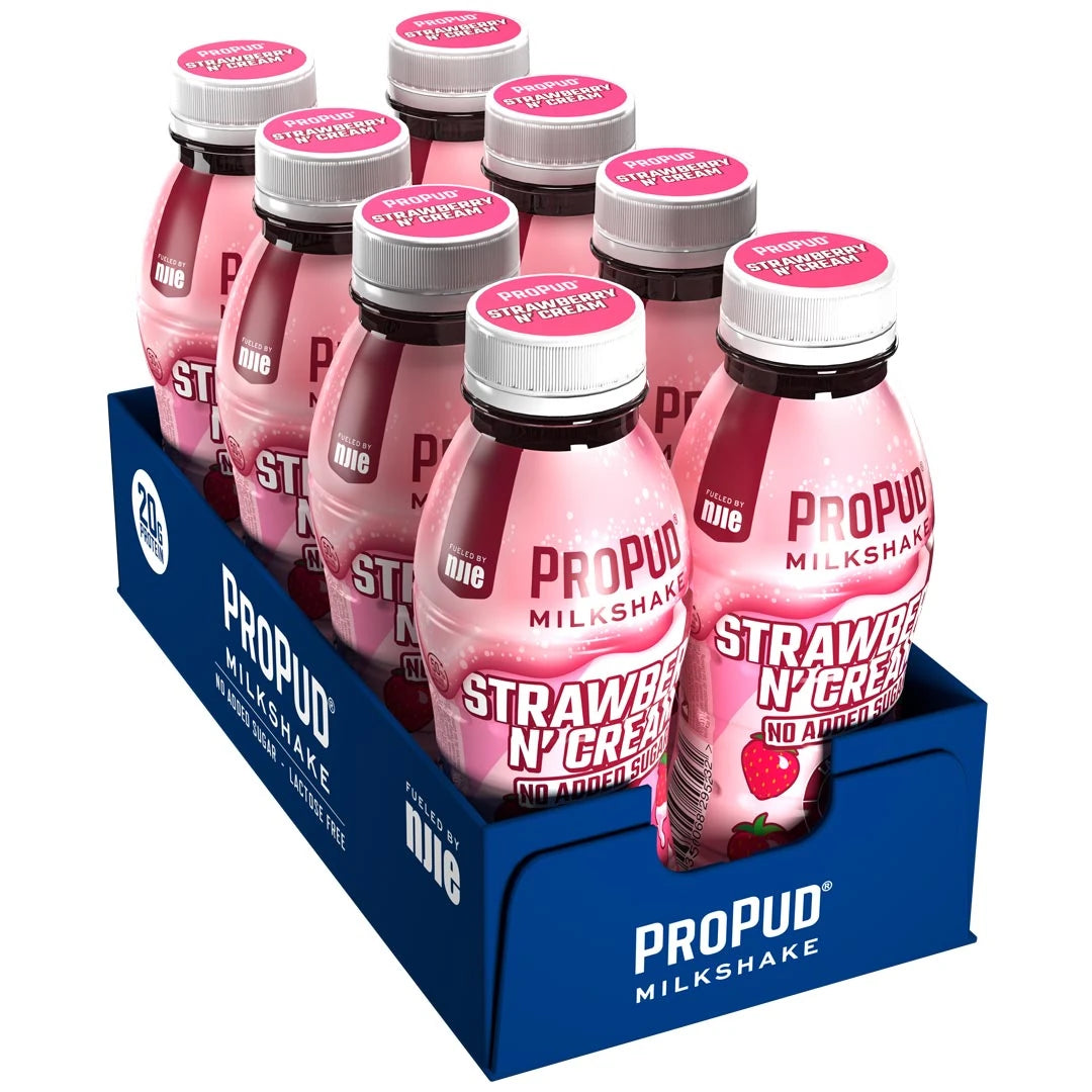 8 x NJIE ProPud Protein Milkshake 330 ml Strawberry &amp; Cream tummansinisessä pakkauksessa, jossa on kahdeksan vaaleanpunaista pulloa valkoisilla korkeilla., kuva 1/1