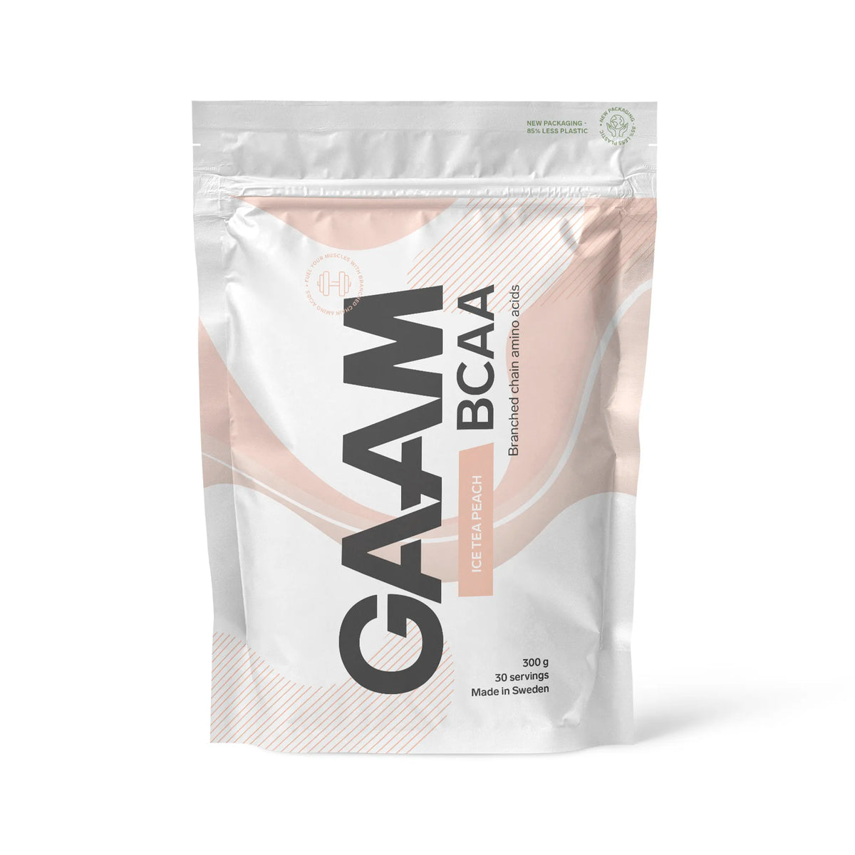 GAAM BCAA 300 g -jauhe makuna Ice Tea Peach, valkoisessa pussissa persikanvärisillä yksityiskohdilla., kuva 6/9