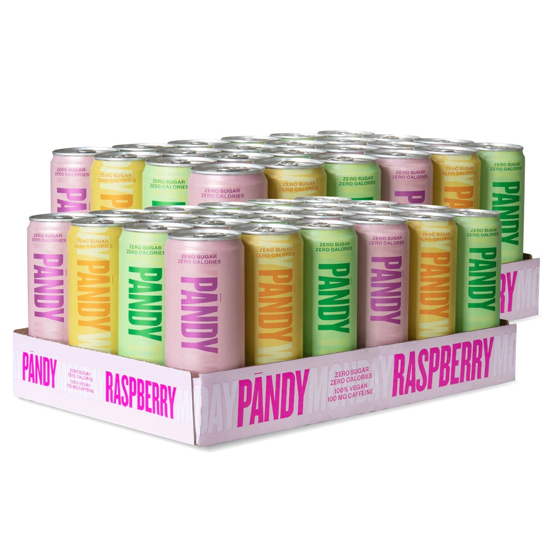 48 x Pändy Soda Energy Drink 330 ml Mixflak kahdella valkoisella alustalla täynnä pinkkejä, keltaisia ja vihreitä tölkkejä., kuva 1/1