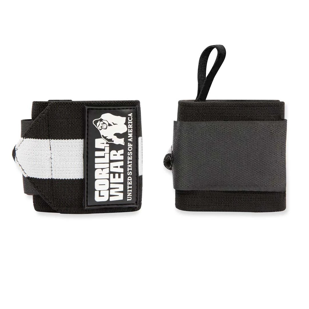 Gorilla Wear Wrist Wraps Ultra Black/White, mustavalkoiset joustavat rannesiteet logolla ja peukalolenkillä., kuva 1/1