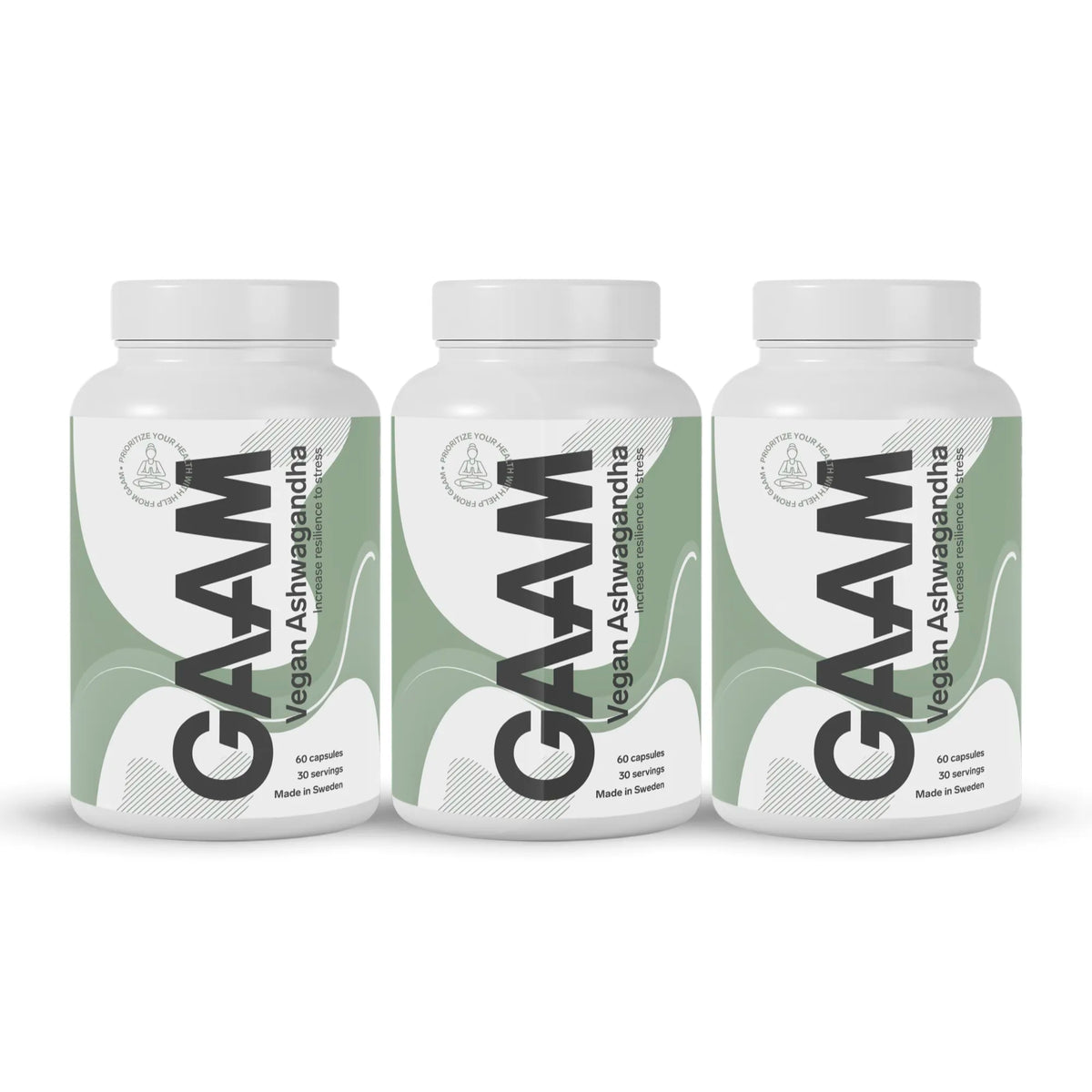 3 x GAAM Vegan Ashwagandha 60 caps kolmessa valkoisessa purkissa vihreillä ja mustilla yksityiskohdilla.