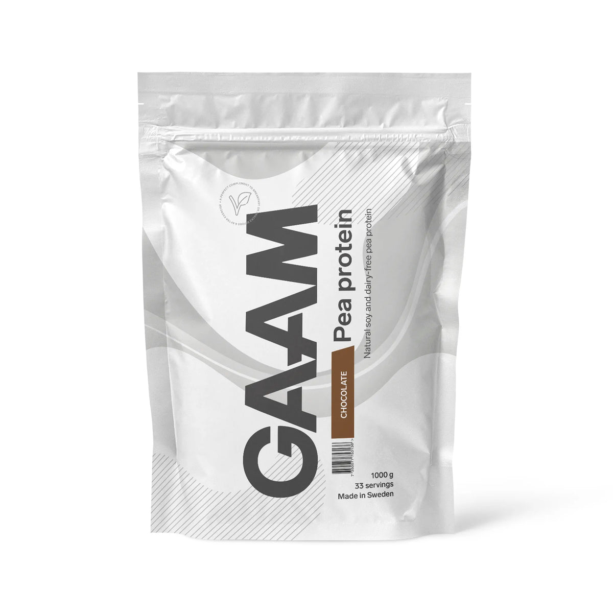 GAAM Pea Protein 1 kg -vegaaninen proteiinijauhe valkoisessa pussissa harmailla yksityiskohdilla, makuna Chocolate., kuva 1/2