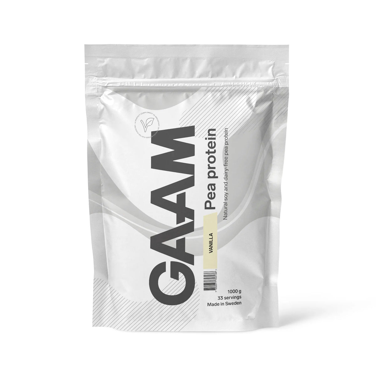 GAAM Pea Protein 1 kg -vegaaninen proteiinijauhe valkoisessa pussissa, makuna vanilja., kuva 2/2
