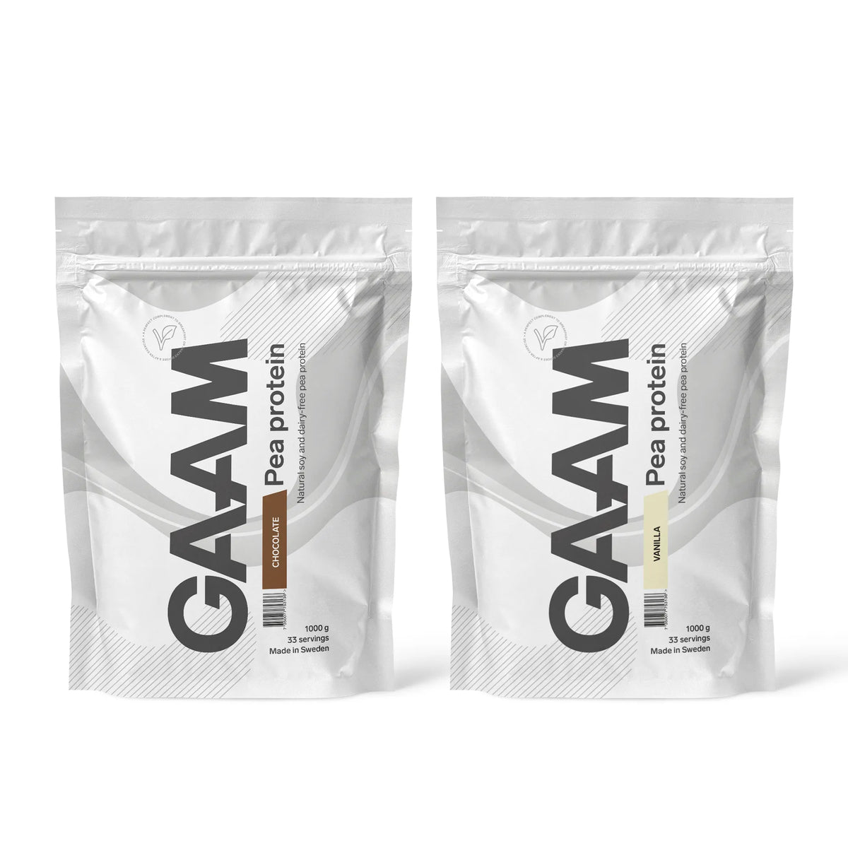 2 x GAAM Pea Protein 1 kg -vegaaninen proteiinijauhe kahdessa valkoisessa pussissa, makuina Chocolate ja Vanilla., kuva 1/1