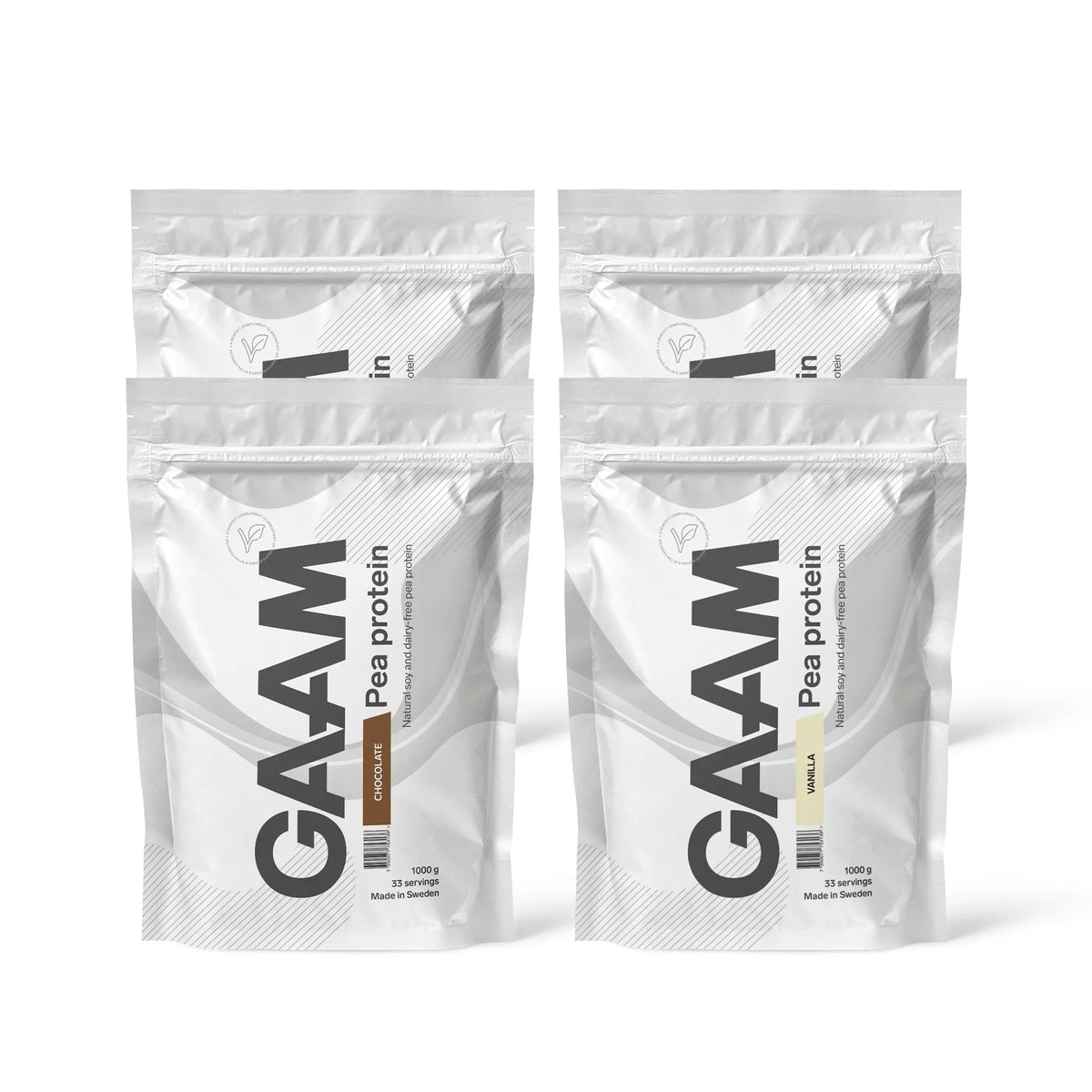 4 x GAAM Pea Protein 1 kg valkoisissa pusseissa mustilla yksityiskohdilla mauissa Chocolate ja Vanilla., kuva 1/1