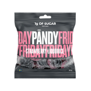 Pändy Candy 50 g gelégodis i en mörkgrå påse med rosa text för smaken Strawberry/Liquorice.