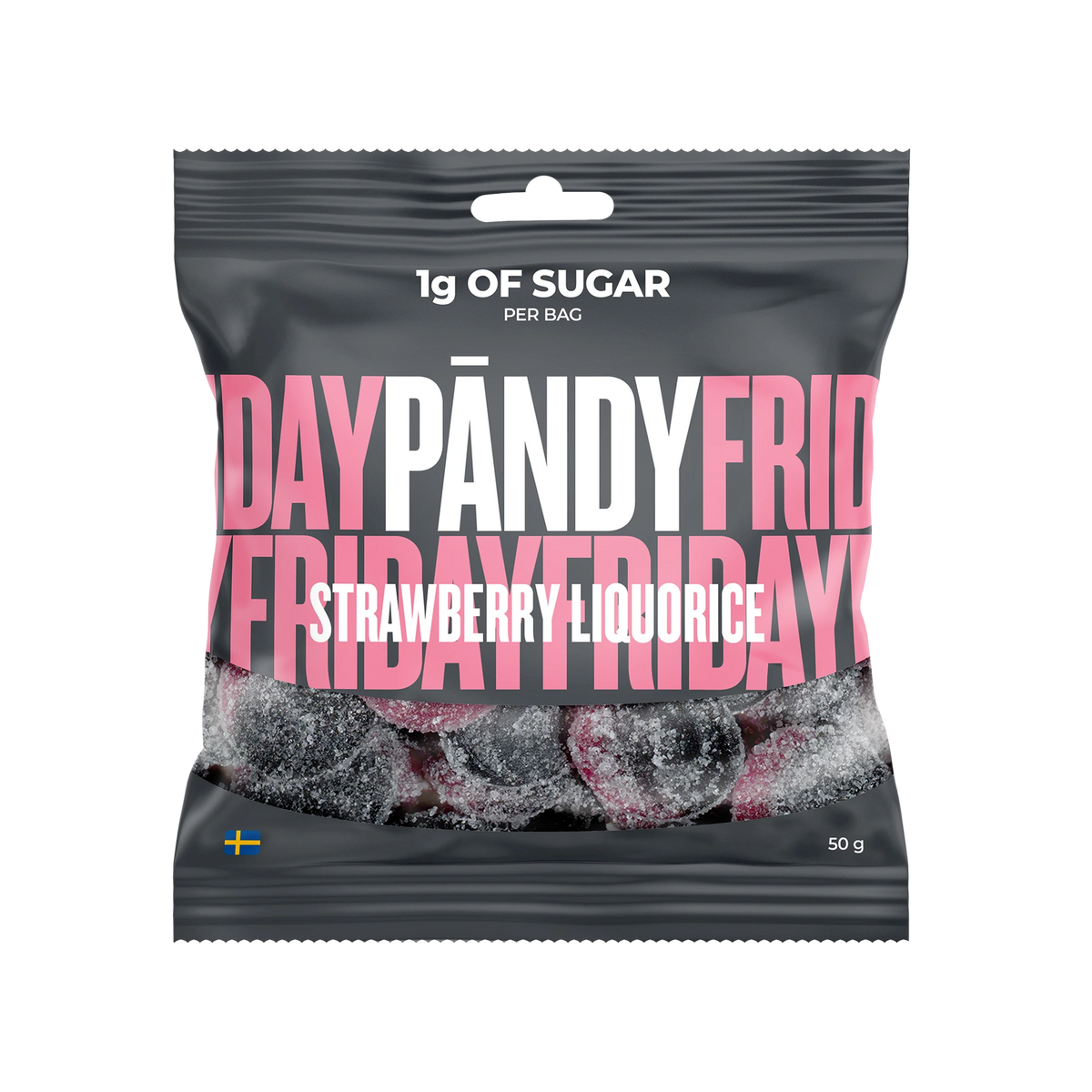 Pändy Candy 50 g gelégodis i en mörkgrå påse med rosa text för smaken Strawberry/Liquorice., bild 1 av 1