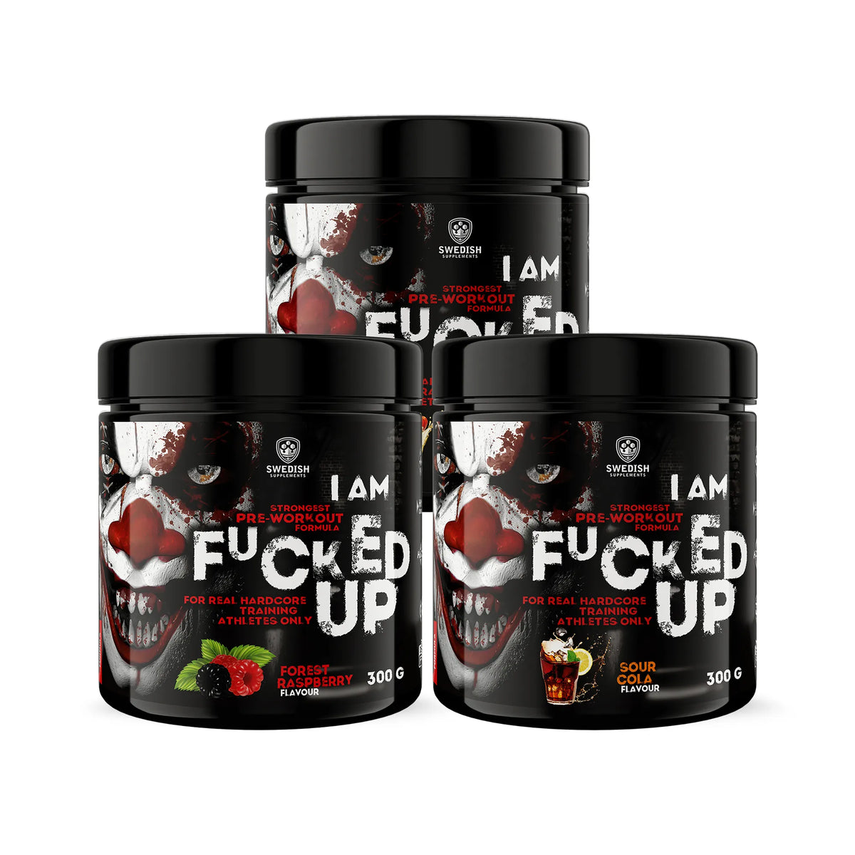 3 x Swedish Supplements Fu*ked up Joker Edition PWO 300 g kolmessa mustassa purkissa ainutlaatuisella klovnidesignilla., kuva 1/1
