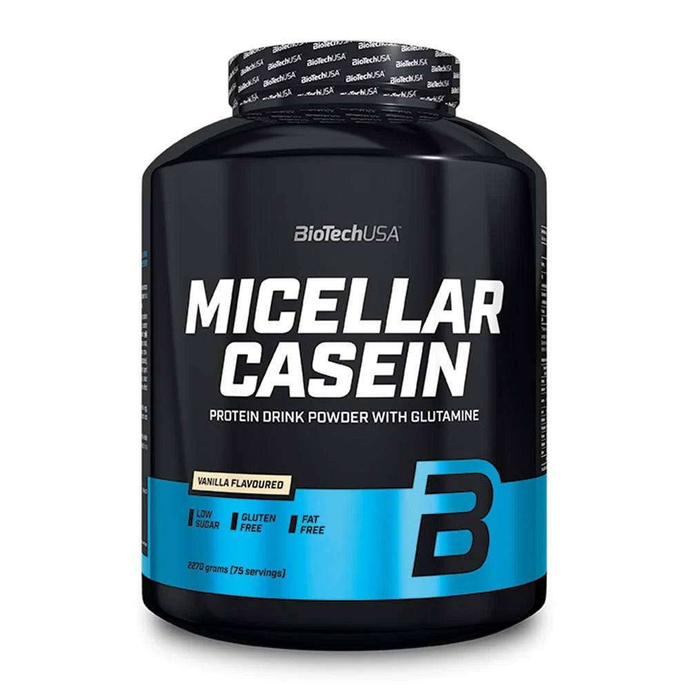 BioTechUSA Micellar Casein 2.27 kg -kaseiiniproteiini mustassa purkissa sinisillä yksityiskohdilla, makuna Vanilla., kuva 1/1