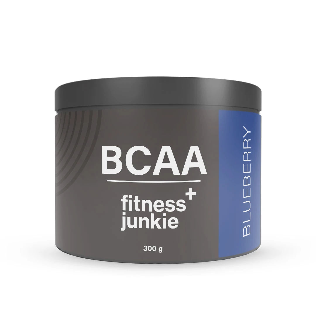 fitnessjunkie BCAA 300 g aminohappojauhetta tummanharmaassa purkissa sinisillä yksityiskohdilla, makuna Blueberry., kuva 1/1