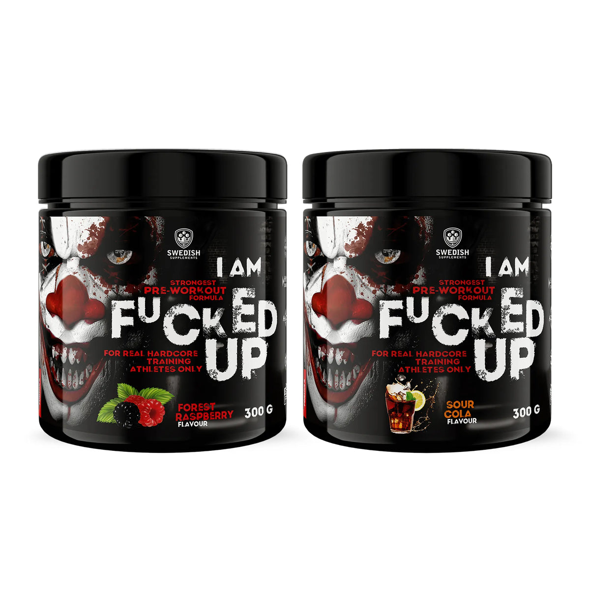 2 x Swedish Supplements Fu*ked up Joker Edition PWO 300 g mustissa pellekuvioiduissa purkeissa kahdessa eri maussa., kuva 1/1