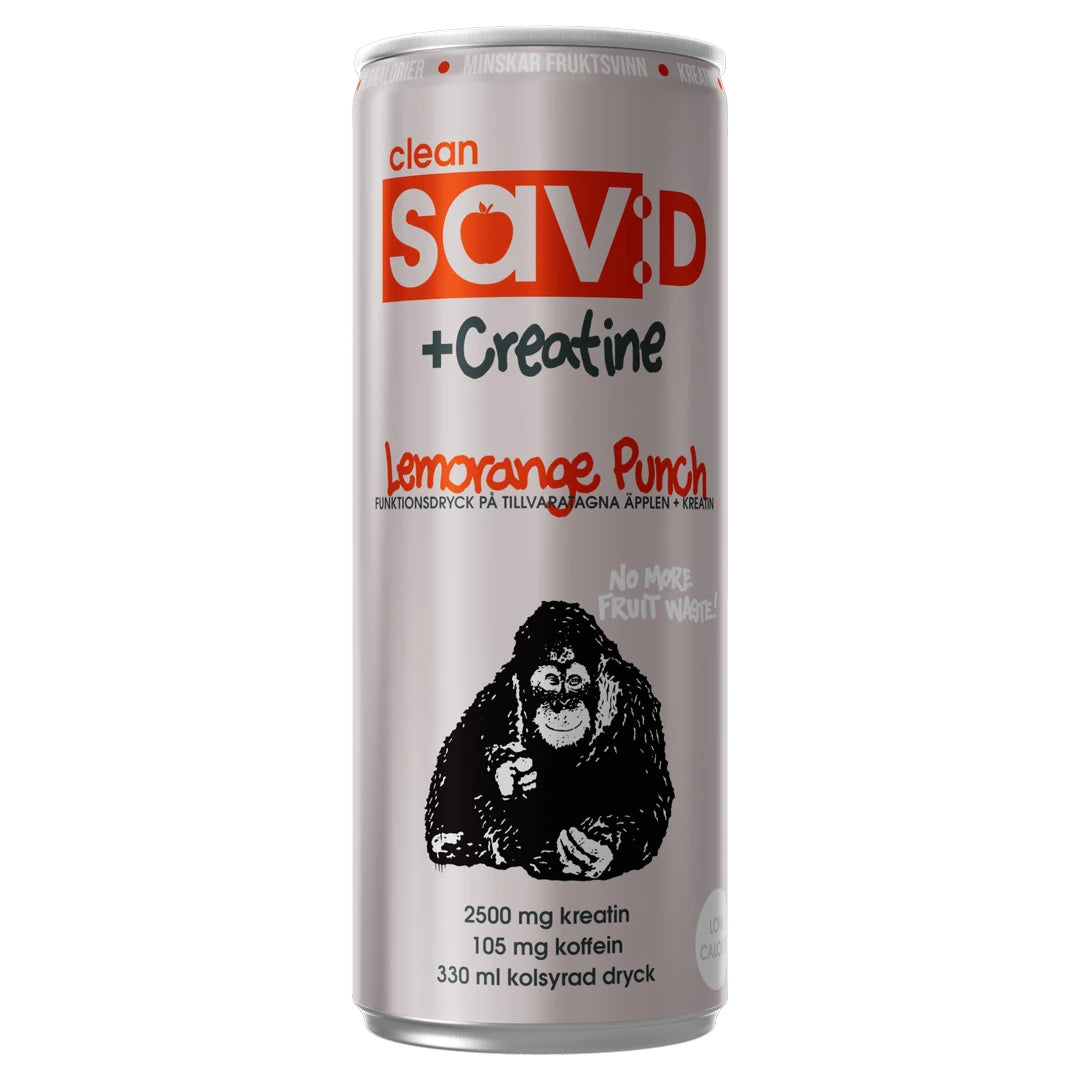 Clean sav:D PLUS 330 ml funktionsdryck i en silverfärgad burk med orange detaljer för smaken Lemorange Punch., bild 1 av 2