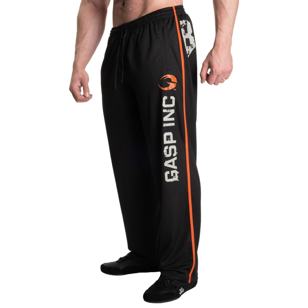 Gasp No 89 Mesh Pants Black -mustat verkkokankaiset treenihousut oranssilla sivuraidalla ja valkoisella GASP-logolla., kuva 6/6