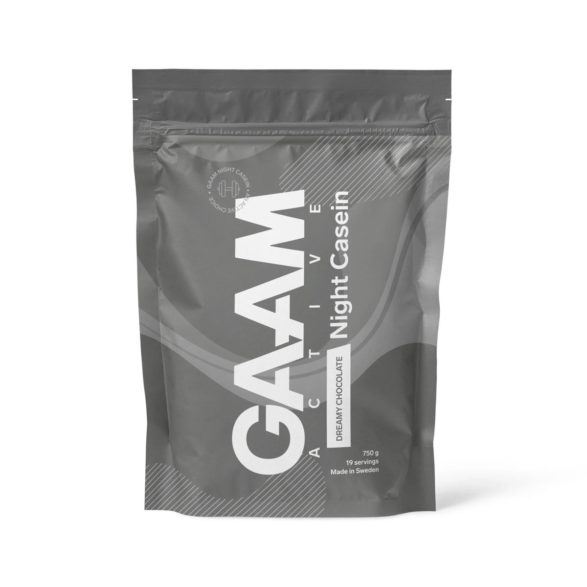 GAAM Active Night Casein 750 g -kaseiiniproteiini tummanharmaassa pussissa, makuna Dreamy Chocolate., kuva 1/3
