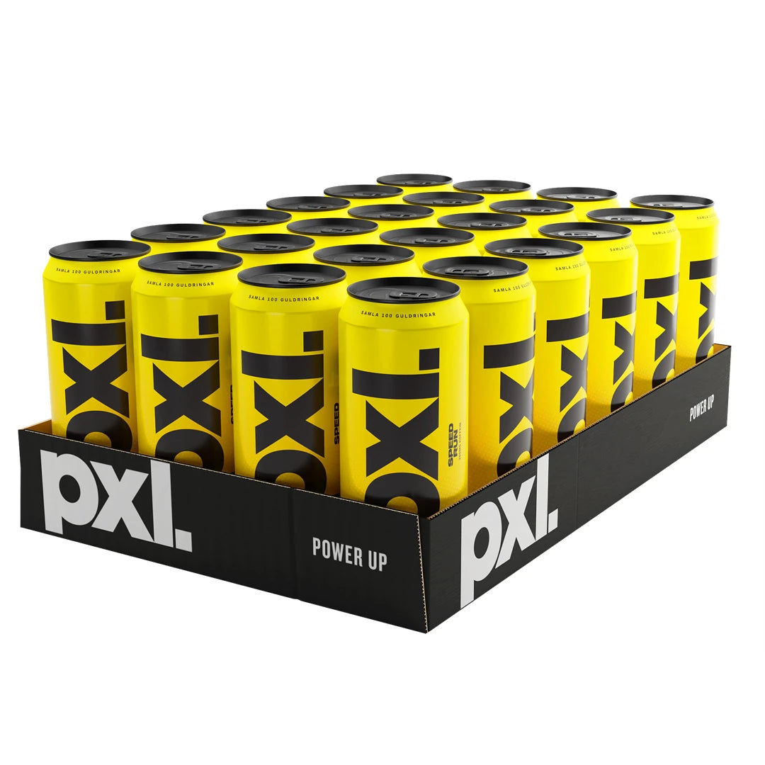 24 x PXL Energy 500 ml Speed Run mustassa laatikossa täynnä keltaisia energiajuomatölkkejä mustalla tekstillä., kuva 1/1