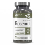 Elexir Pharma Rosenrot 80 tabs läpinäkyvässä purkissa, jossa on valko-vihreä etiketti ja vegaanisymboli.