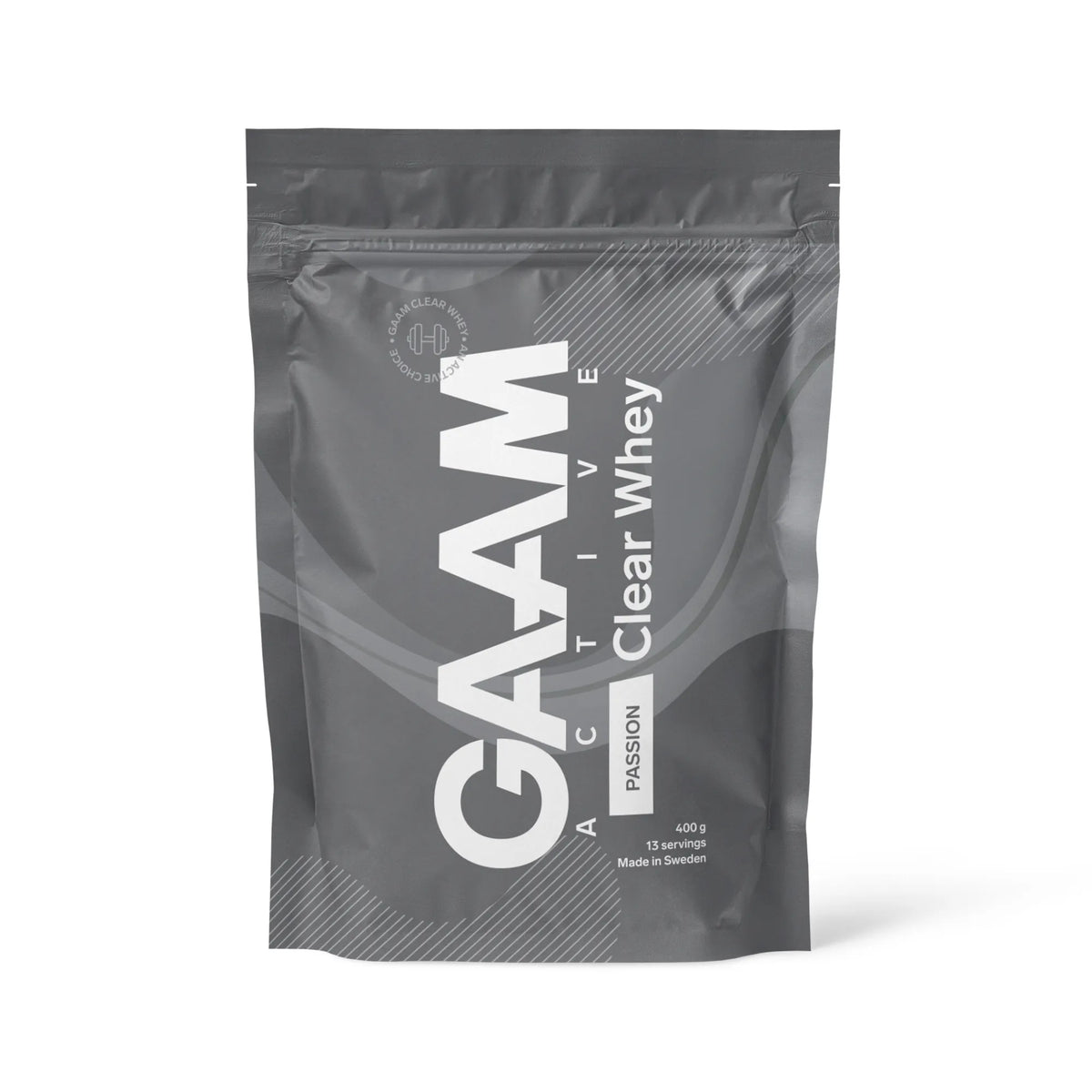 GAAM Active Clear Whey 400 g -proteiinijauhe harmaassa pussissa valkoisella tekstillä, makuna Passion Fruit., kuva 2/2