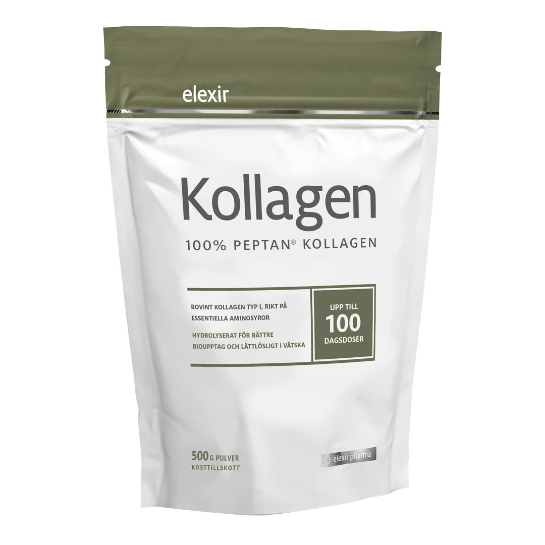 Elexir Pharma Kollagen 100% Peptan 500 g -ravintolisä valkoisessa pussissa, jossa on oliivinvihreitä yksityiskohtia., kuva 1/1