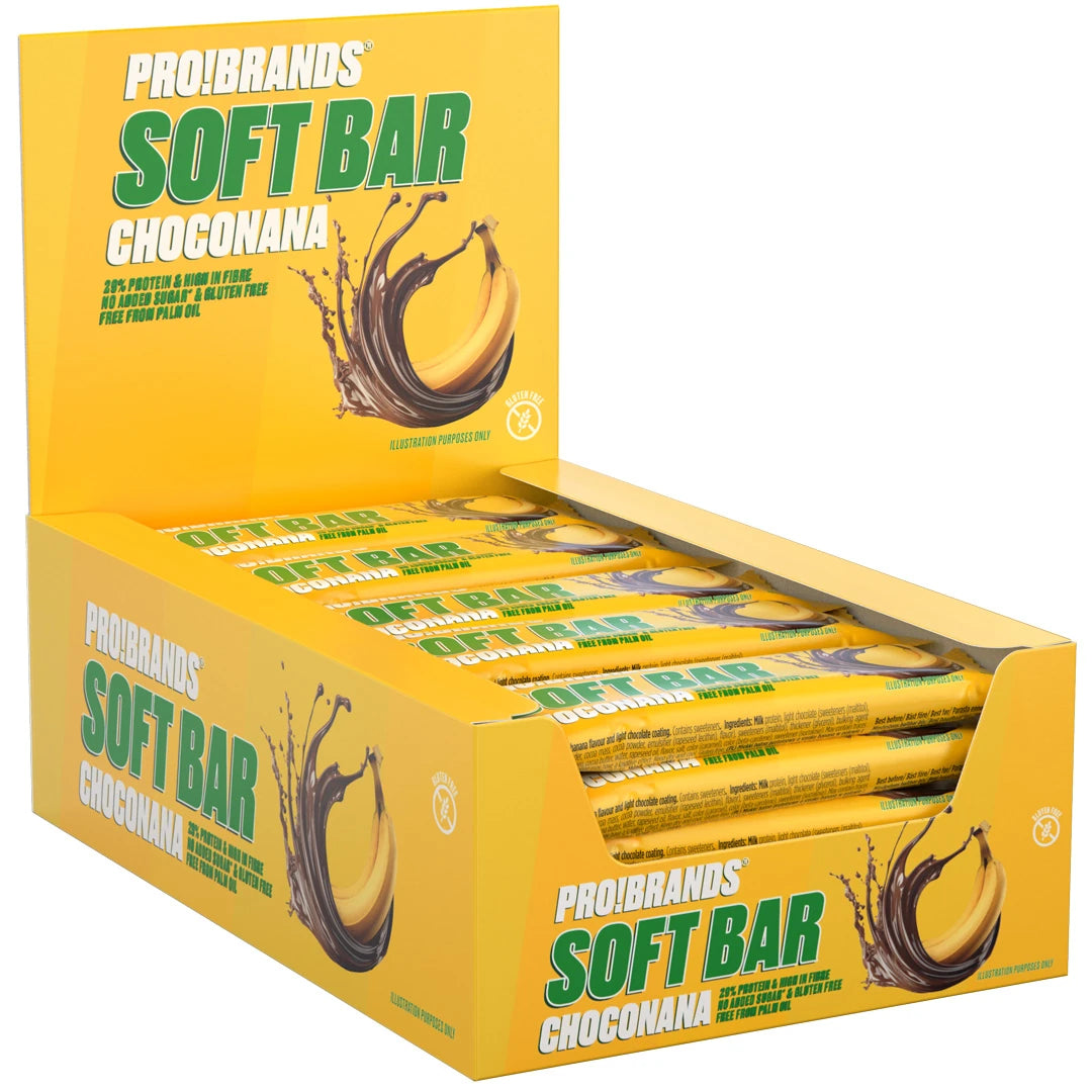 15 x Pro Brands Softbar 40 g Choconana keltaisessa laatikossa, joka on täynnä proteiinipatukoita., kuva 1/1