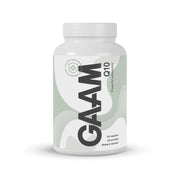 GAAM Q10 60 caps -ravintolisä valkoisessa purkissa, jossa on vihreävalkoinen etiketti.