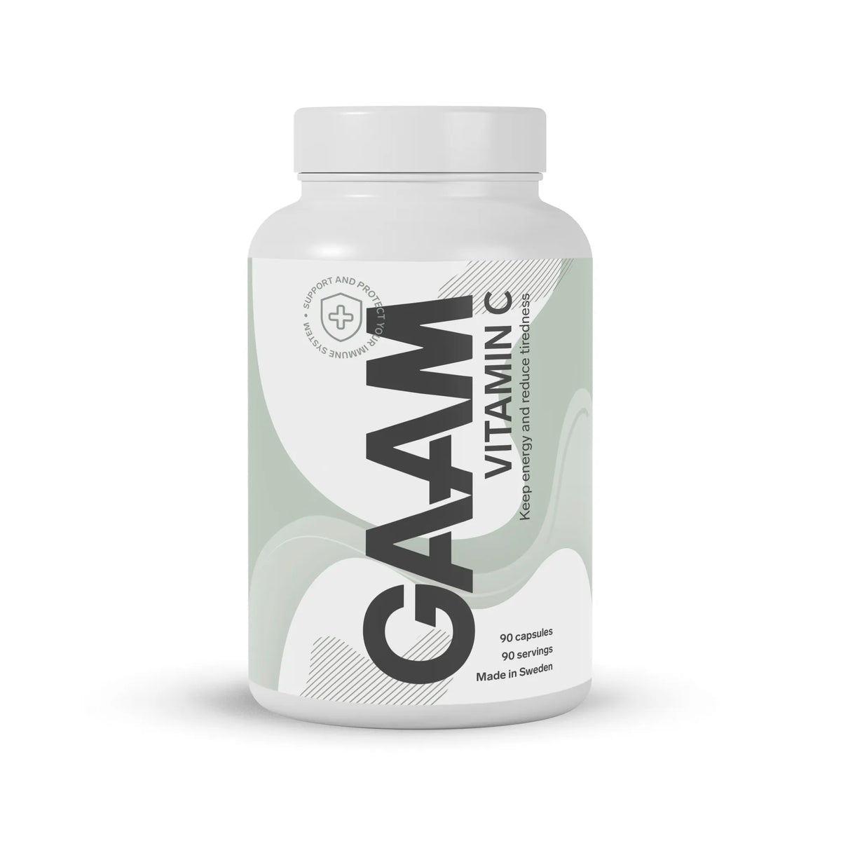 GAAM Vitamin C 90 caps kosttillskott i en vit burk med ljusgröna detaljer på etiketten., bild 1 av 1