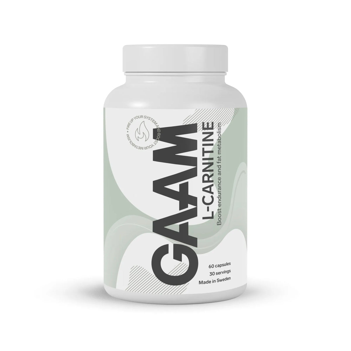 GAAM L-Carnitine 60 caps -ravintolisä valkoisessa purkissa, jossa on harmaanvihreitä yksityiskohtia ja tummaa tekstiä., kuva 1/1