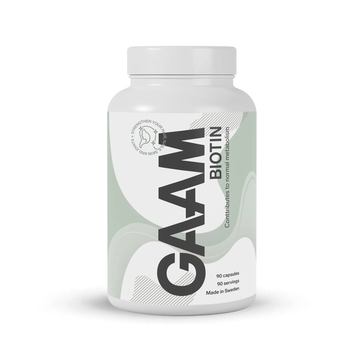 GAAM Biotin 90 caps valkoisessa muovipurkissa, jossa on vaaleanvihreitä ja valkoisia graafisia yksityiskohtia., kuva 1/1
