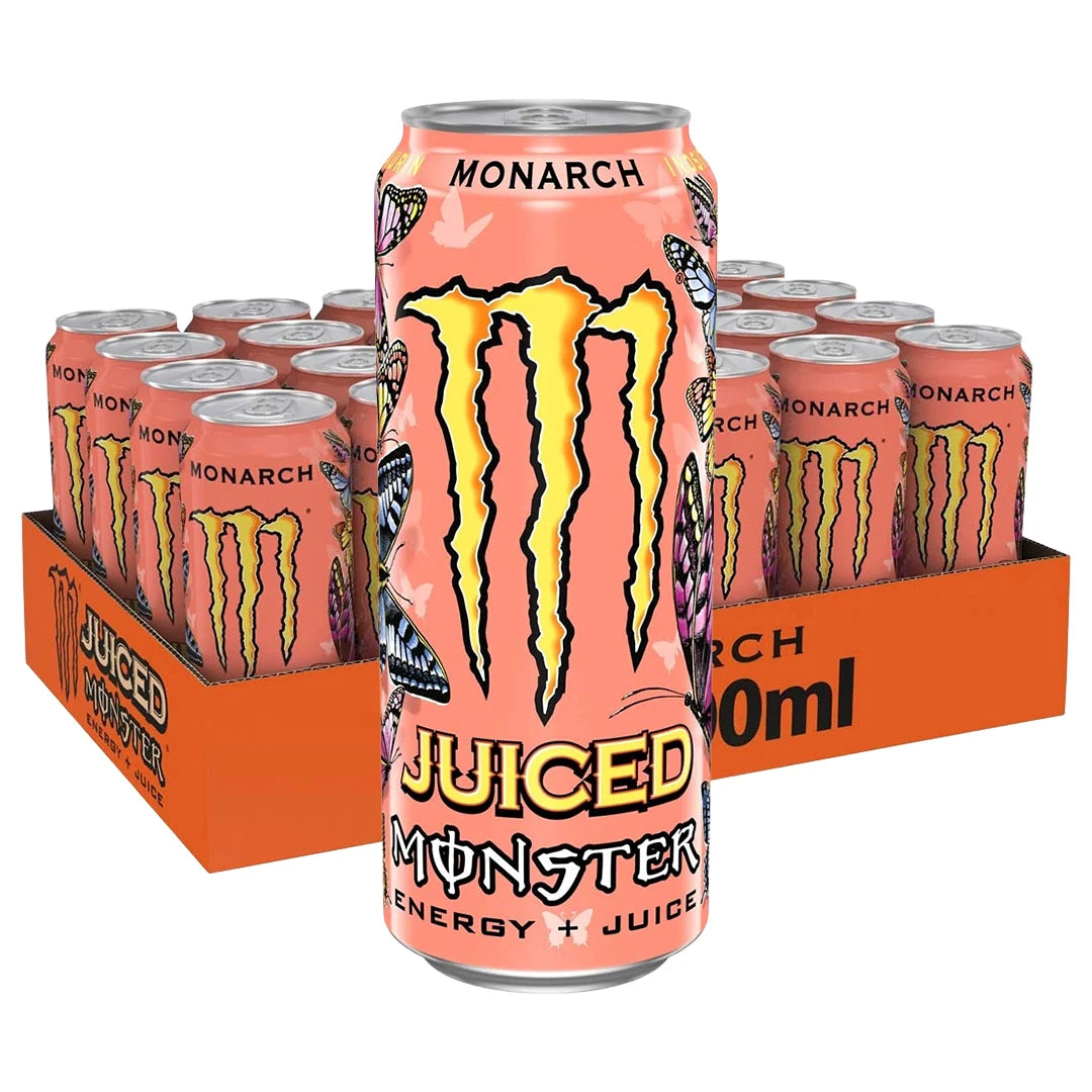 24 x Monster Energy 500 ml Monarch oranssissa laatikossa persikanvärisillä tölkeillä ja perhoskuvioilla., kuva 1/1
