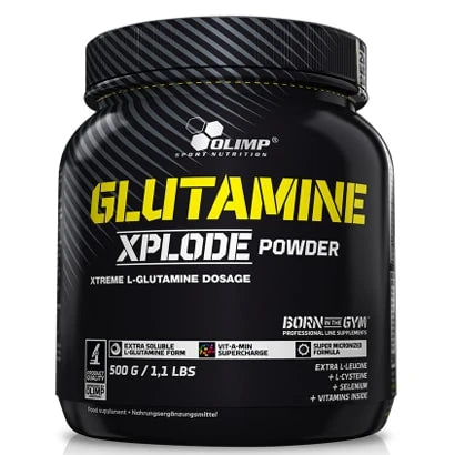 Olimp Glutamine Xplode 500 g -aminohappojauhe mustassa purkissa keltaisilla yksityiskohdilla., kuva 1/4
