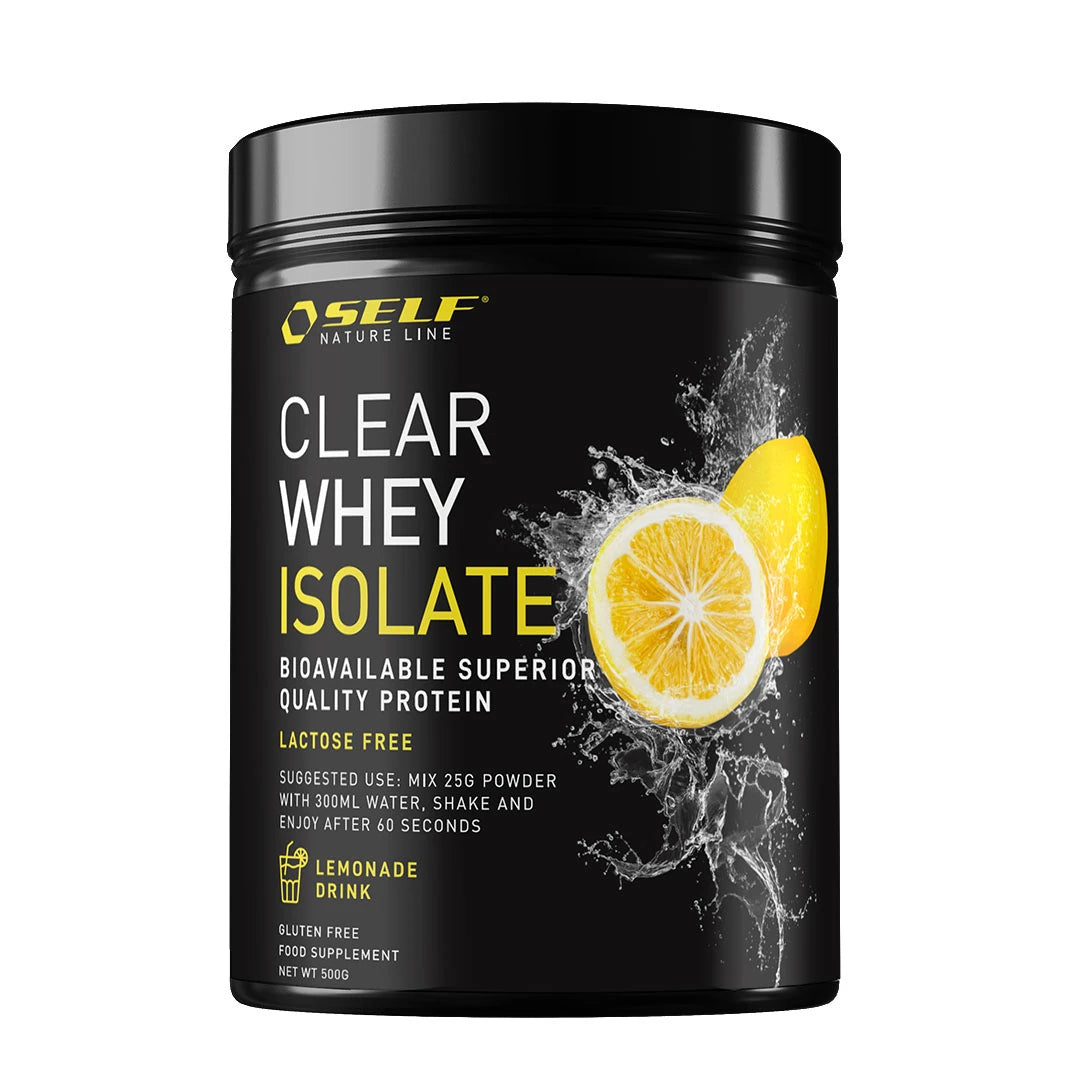 Self Omninutrition Clear Whey Isolate 500 g -proteiinijauhe mustassa purkissa, jossa on sitruunakuvio ja maku Lemonade Drink., kuva 1/1