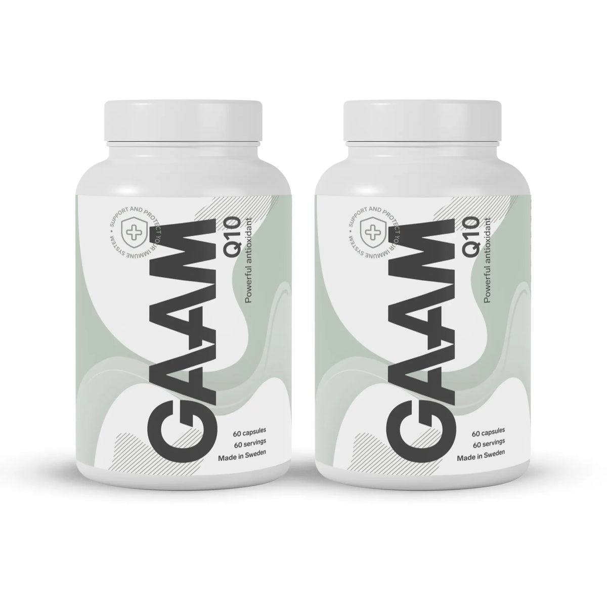 2 x GAAM Q10 120 caps -ravintolisä kahdessa valkoisessa purkissa vaaleanvihreillä ja mustilla yksityiskohdilla., kuva 1/1