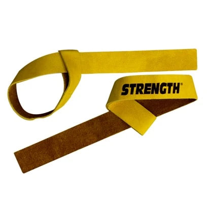 Keltaiset Strength Dragremmar Läder -vetoremmit liukuvalla silmukalla ja mustalla logolla., kuva 1/1