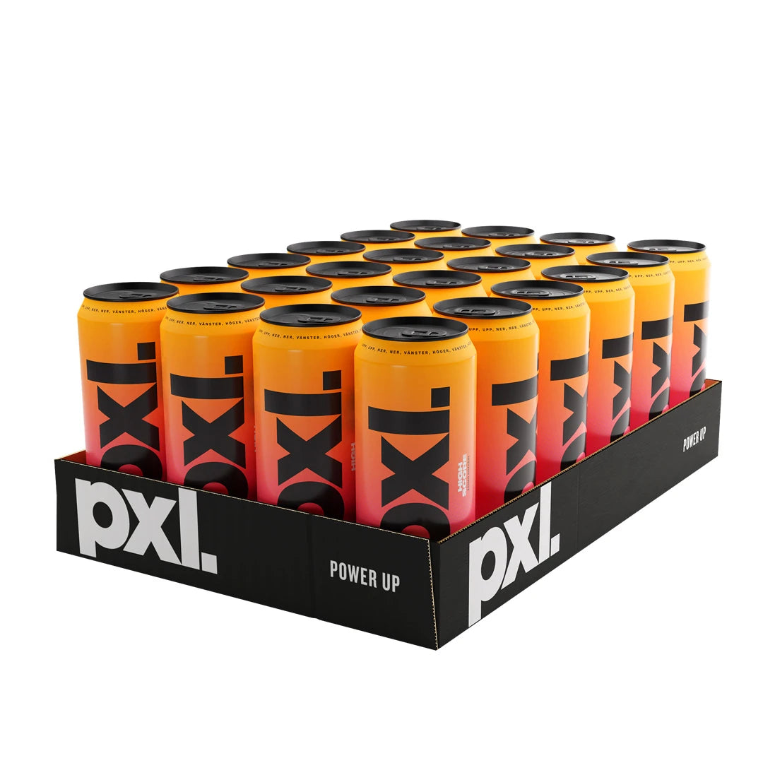 24 x PXL Energy 500 ml High Score -energiajuoma mustassa lavassa oransseilla ja vaaleanpunaisilla tölkeillä.