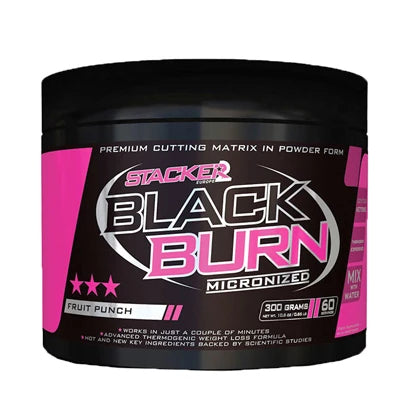 Black Burn Micronized 300 g fettförbrännare i pulverform från Stacker2, svart burk med rosa detaljer och smaken Fruit Punch., bild 1 av 1